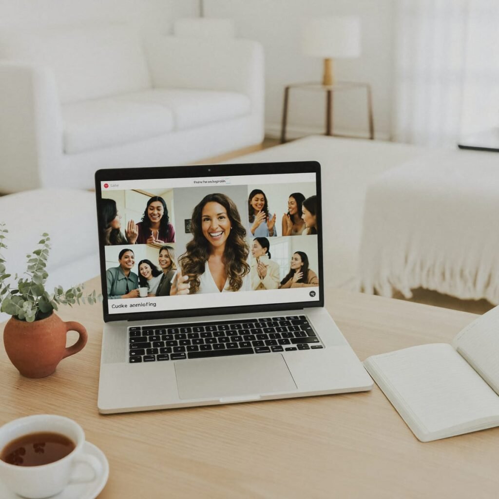 Laptop con una videollamada de un grupo de mujeres, junto a una taza de té
